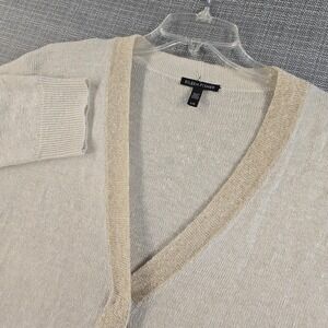 Eileen‎ Fisher Sweater Womens Large Organic Linen Metallic Trim V Neck Cardigan